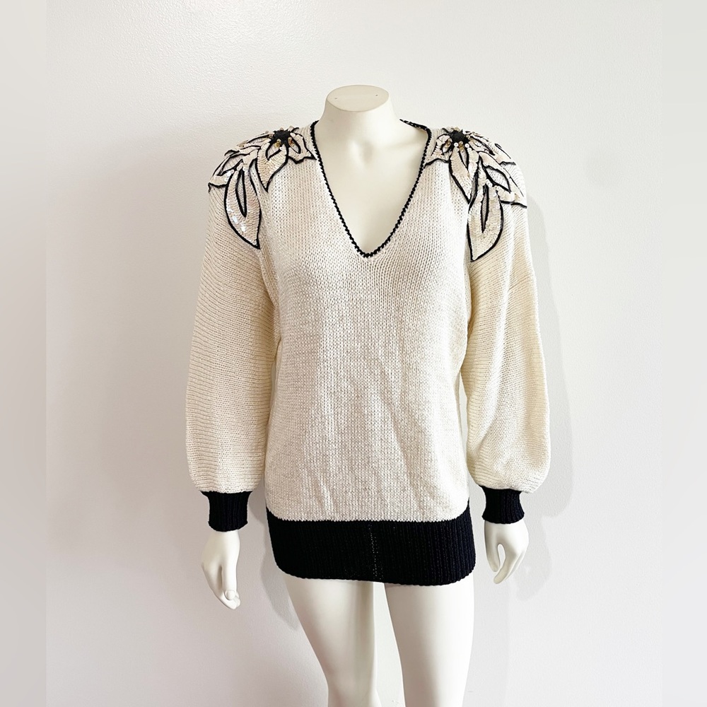 Nannell Vintage Cream Black Sequin Bejeweled Shoulders 1980s Medium